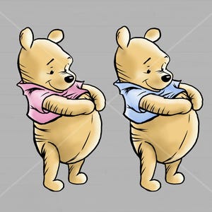 May include: Two cartoon Winnie the Pooh bears, one wearing a pink shirt and the other wearing a blue shirt, are standing side by side. They are both smiling and looking to the right.
