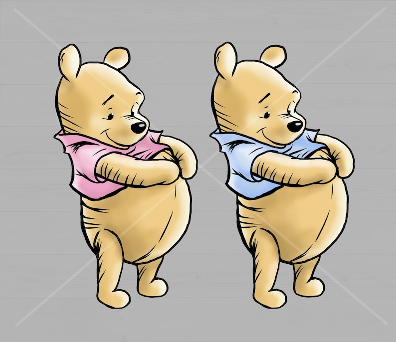 May include: Two cartoon Winnie the Pooh bears, one wearing a pink shirt and the other wearing a blue shirt, are standing side by side. They are both smiling and looking to the right.