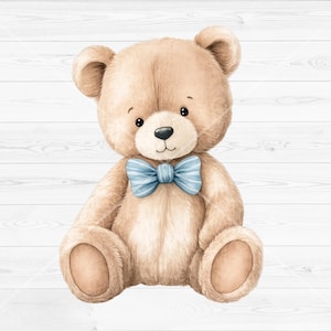 Puede incluir: Un oso de peluche de color marrón claro con una textura suave y esponjosa, con ojos oscuros, una pequeña nariz negra y una pajarita azul claro con finas rayas verticales blancas. El oso está representado sentado con orejas y patas redondeadas.