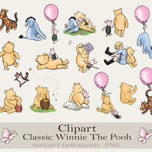 17 Classic Winnie The Pooh PNG Clipart Bundle, Printable, Instant Digital Download, Vintage Pooh PNG Images, Pooh Bear Baby Shower