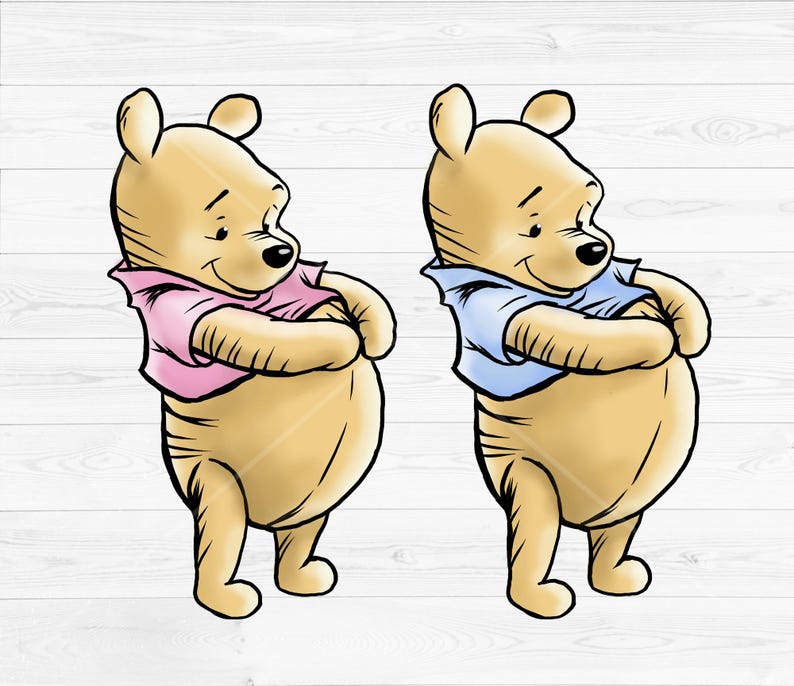 May include: Two cartoon Winnie the Pooh bears, one wearing a pink shirt and the other wearing a blue shirt. Both bears are standing with their arms crossed in front of them.