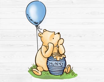Blue Boy Balloon Classic Winnie the Pooh PNG, Vintage Pooh with blue honey pot
