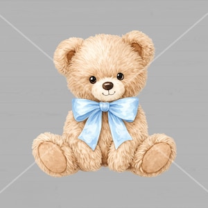 May include: A watercolor illustration of a teddy bear with light brown fur, dark brown eyes, and a light blue bow. The bear is sitting with its arms and legs outstretched, and has a friendly expression.