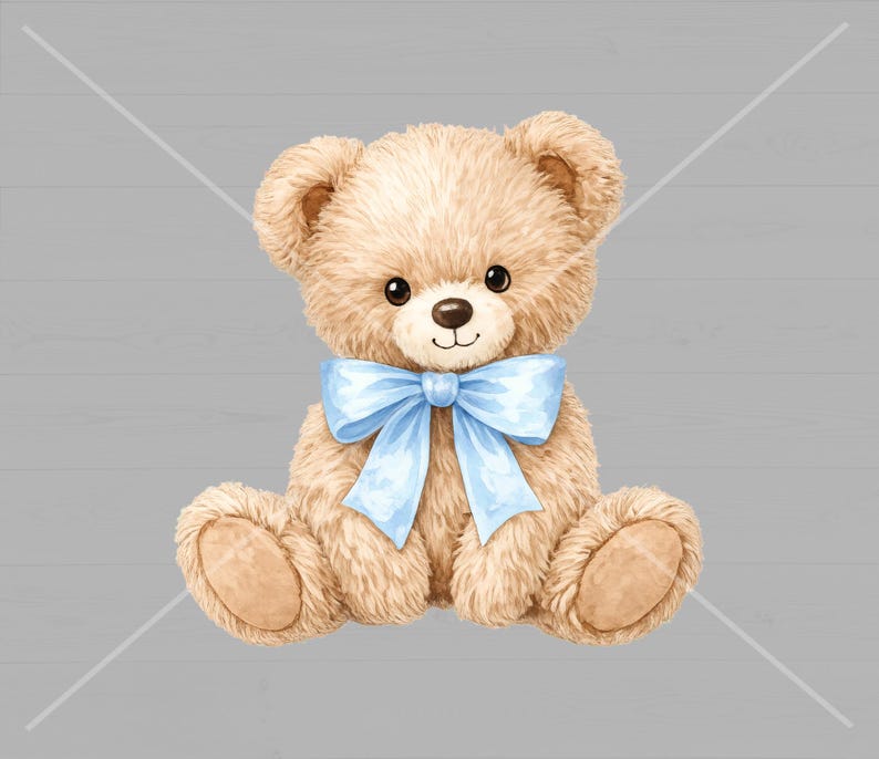 May include: A watercolor illustration of a teddy bear with light brown fur, dark brown eyes, and a light blue bow. The bear is sitting with its arms and legs outstretched, and has a friendly expression.