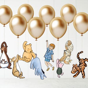 Pacchetto di clipart PNG di palloncini appesi classici di Winnie The Pooh, personaggi appesi di Winnie The Pooh Friends, baby shower vintage di Pooh