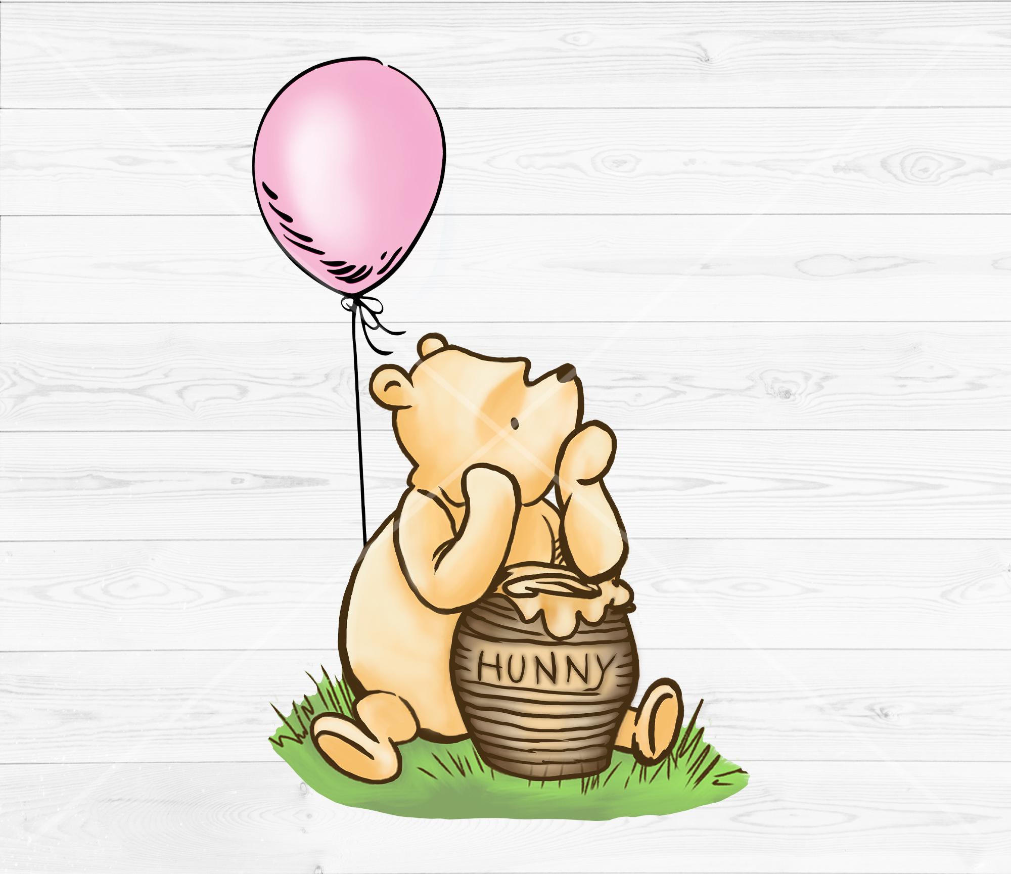 Girl Pink Balloon Classic Winnie the Pooh PNG, Vintage Pooh with honey pot