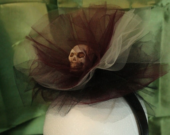 Burgundy, black, and white gothic skull costume headpiece hat