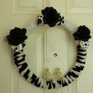 Black And White Gothic Wreath With Skeletons, Pumpkins, and Roses