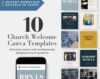 May include: A set of 10 editable church social media templates featuring various layouts with text such as Join Us Sunday, Service Times, and Worship With Us. The graphics include blue, yellow, and white color schemes with placeholders for photos.