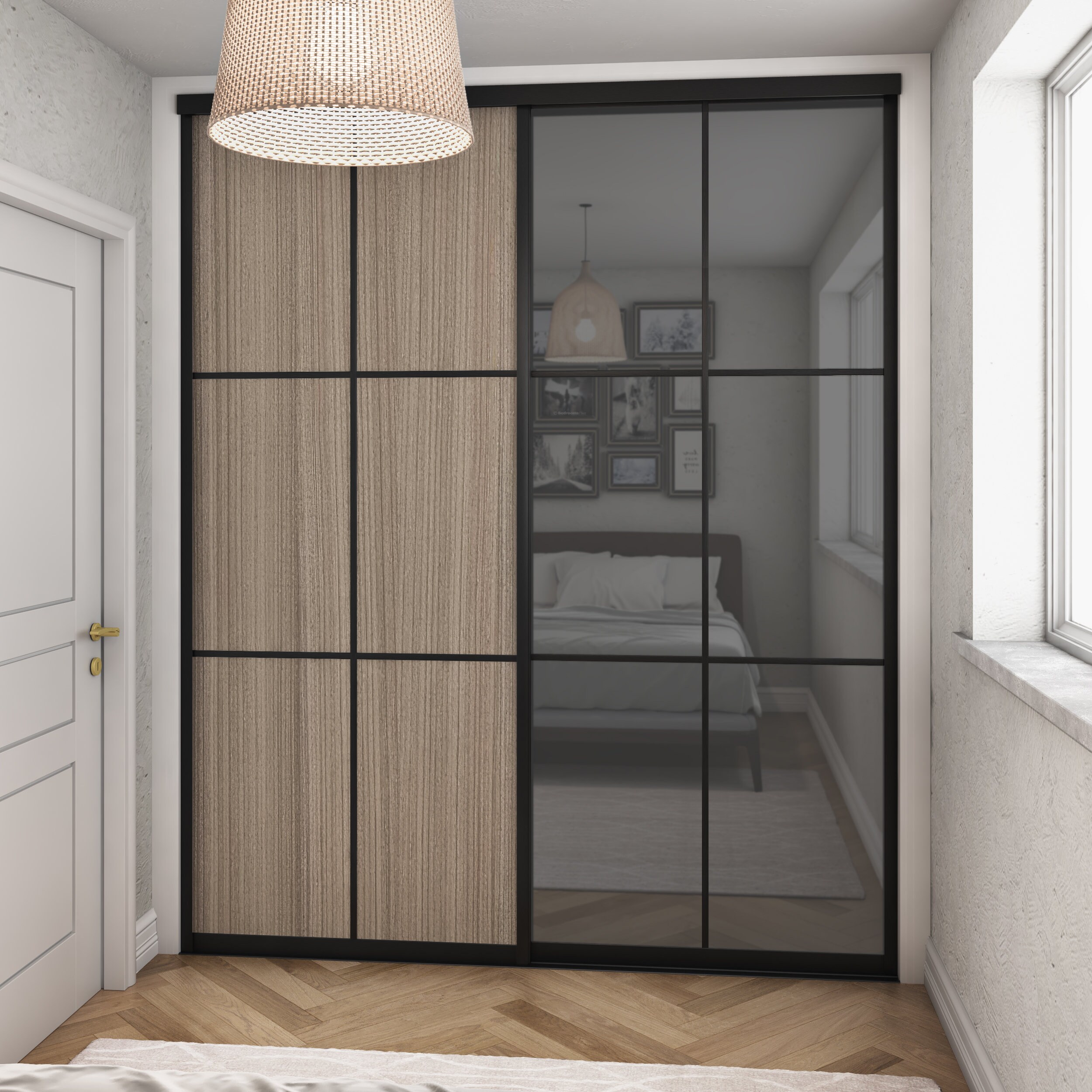 Brushed Black Curve Sliding Wardrobe Door Kit 2 Door 6 Panel Grid Grey Mirror Shorewood Made to Measure Etsy
