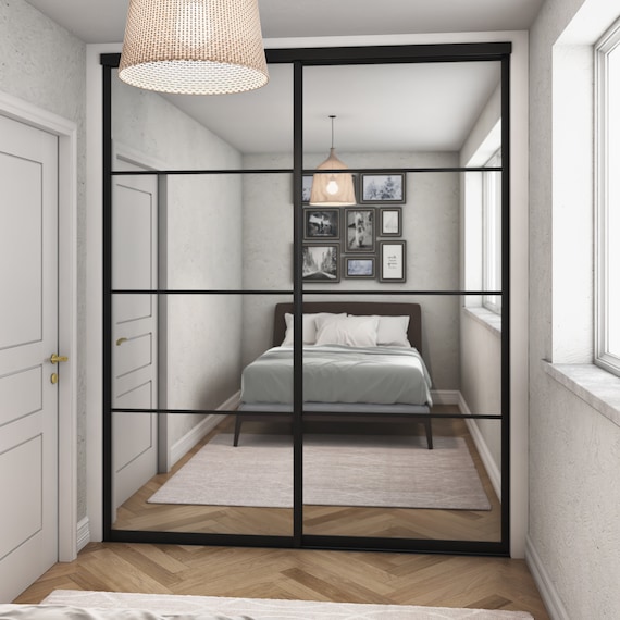 Brushed Black Curve Sliding Wardrobe Doors 2 Door Crittall Style 4