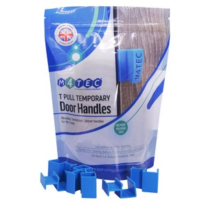 May include: A package of blue plastic T-pull temporary door handles. The package is labeled "M4TEC T Pull Temporary Door Handles" and "No More Masking Tape".