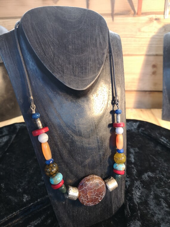 Crackle agate cabochon necklace with semi precious gems and silver