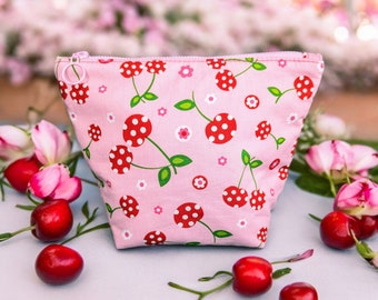 Neceser con estampado de cerezas, neceser de algodón rosa