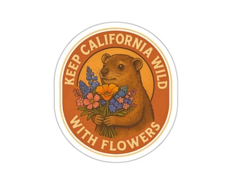 Halten Sie Kalifornien wild mit Blumen Vintage Rock Hyrax & Native Wildblumen Retro Natur Aufkleber