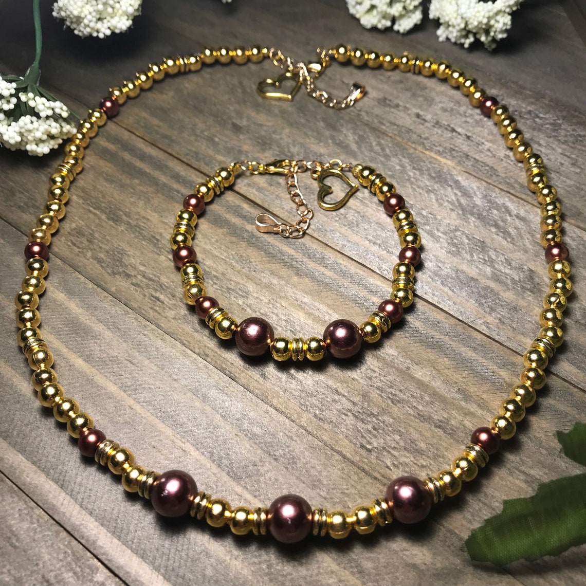 3 Piece Chocolate & Gold Beaded Jewelry Set Etsy