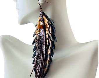 Long Leather Feather Statement Earrings for Women | Boho Handmade Jewelry | Gift for Her