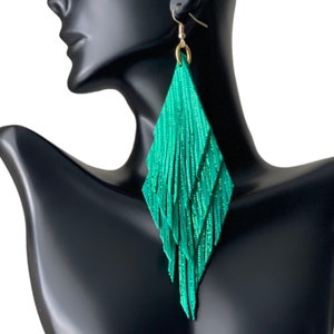 Long Green Leather Statement Earrings | Boho Chic Jewelry | Sparkly Earrings | Gift for Her