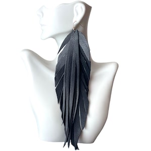 Lange leren zwarte franjeoorbellen | Boho-sieraden | Cadeau voor haar