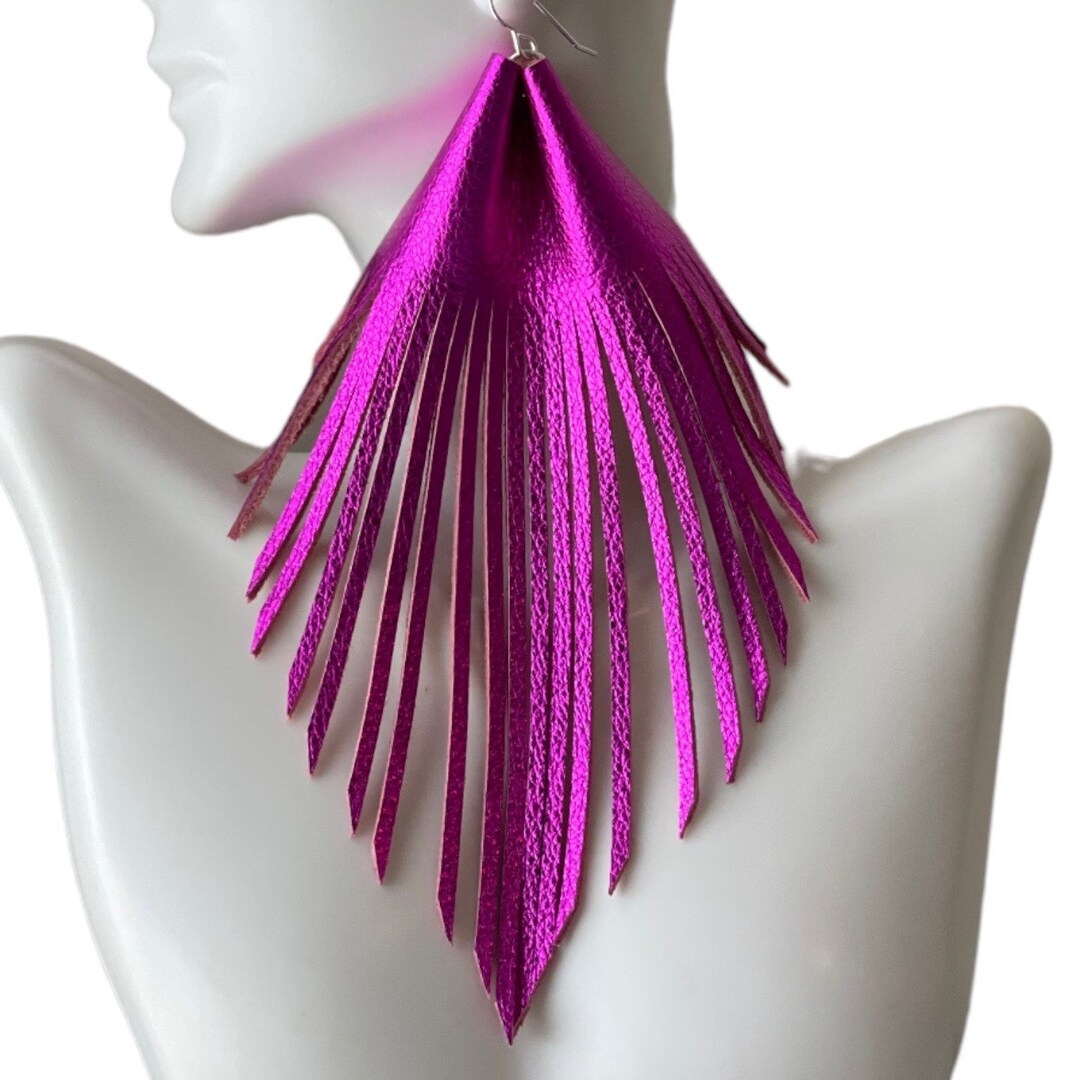 Long Pink Leather Fringe Earrings Boho Jewelry Tassel Statement ...