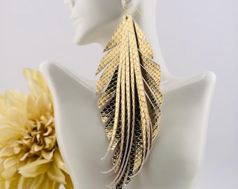 Gold Python Print Leder Blatt Ohrringe: Lange Fransen Statement Schmuck