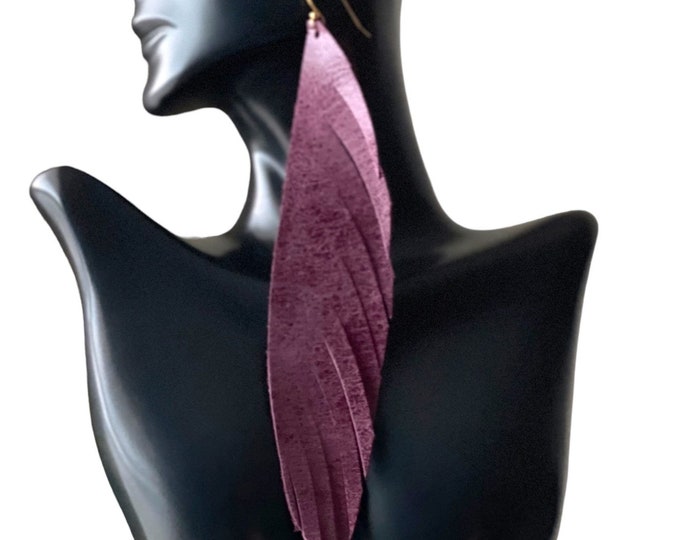 Long Purple Leather Feather Earrings for Women | Big Jewelry | Boho Gift for Her