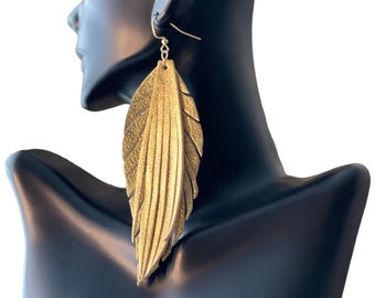 Gold Leather Leaf Earrings for Women | Gift for Her