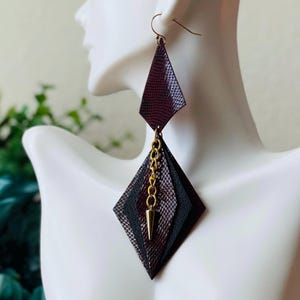 Boho Chic Leather Earrings | Burgundy & Black Python Print Accessories