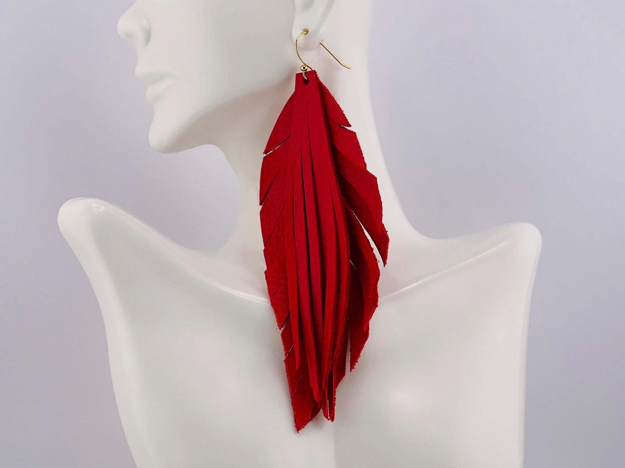 Rote Leder Ohrringe | 3-6 ”lange Blatt Ohrringe | Boho Schmuck | Geschenk für Sie