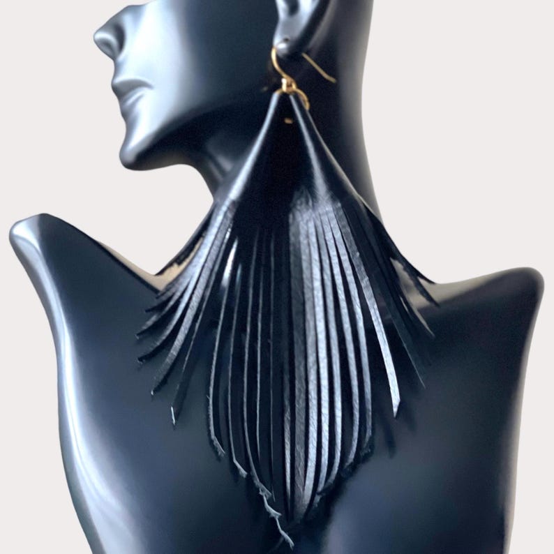 Long Black Leather Fringe Earrings | 4-10” Boho Tassels | Gift for Her ...