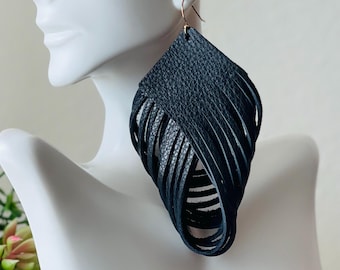 Black Leather Statement Earrings: 3-6” Gold or Silver Plated Ear Wire