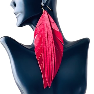 Red Long Leather Earrings | Gift for Her