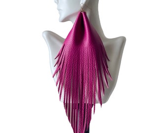 Berry Extra Long Fringe Leather Earrings | Big Statement Earrings | Boho Gift for Her