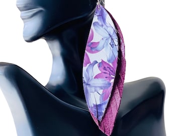 Purple Leather Statement Earrings for Women | Boho Floral Jewelry
