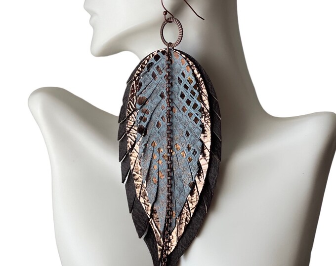 Long Leather Statement Earrings for Women | Genuine Leather Feather | Handmade Jewelry Gift for Her