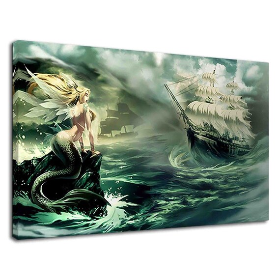 Beautiful Mermaid And The Sailing Boat Canvas Print Wall Art Etsy