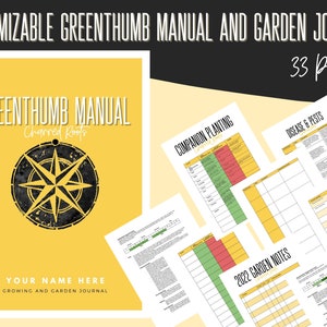 Puede incluir: Un diario de jardinería personalizable amarillo y negro con el título "Greenthumb Manual: Charred Roots". El diario incluye secciones para la siembra en compañía, enfermedades y plagas, y notas de jardín. El diario tiene 33 páginas.