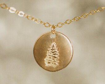 Pine tree hand-stamped necklace, Christmas tree 14k gold filled or silver simple charm chained necklace