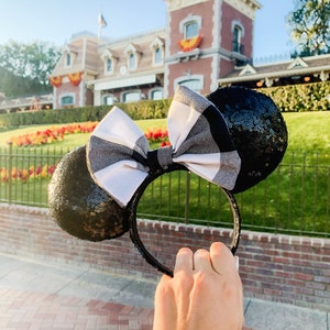Black Sequin Mouse Ears with a Black and White Flannel Bow