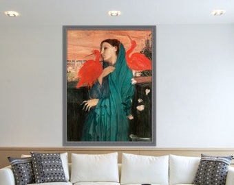 Vintage Painting ǀ Young Woman with Ibis  ǀ Wall Art ǀ Digital Art ǀ Printable Art