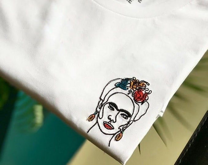 White organic cotton T-shirt, embroidered Frida Kahlo
