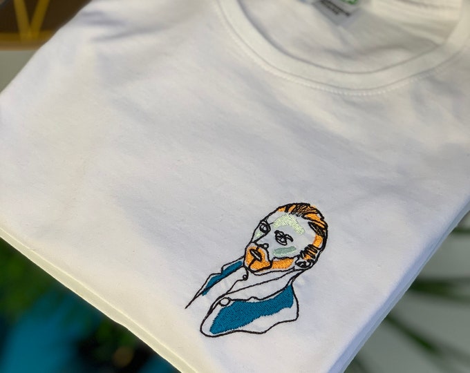 White organic cotton T-shirt, embroidered Van Gogh
