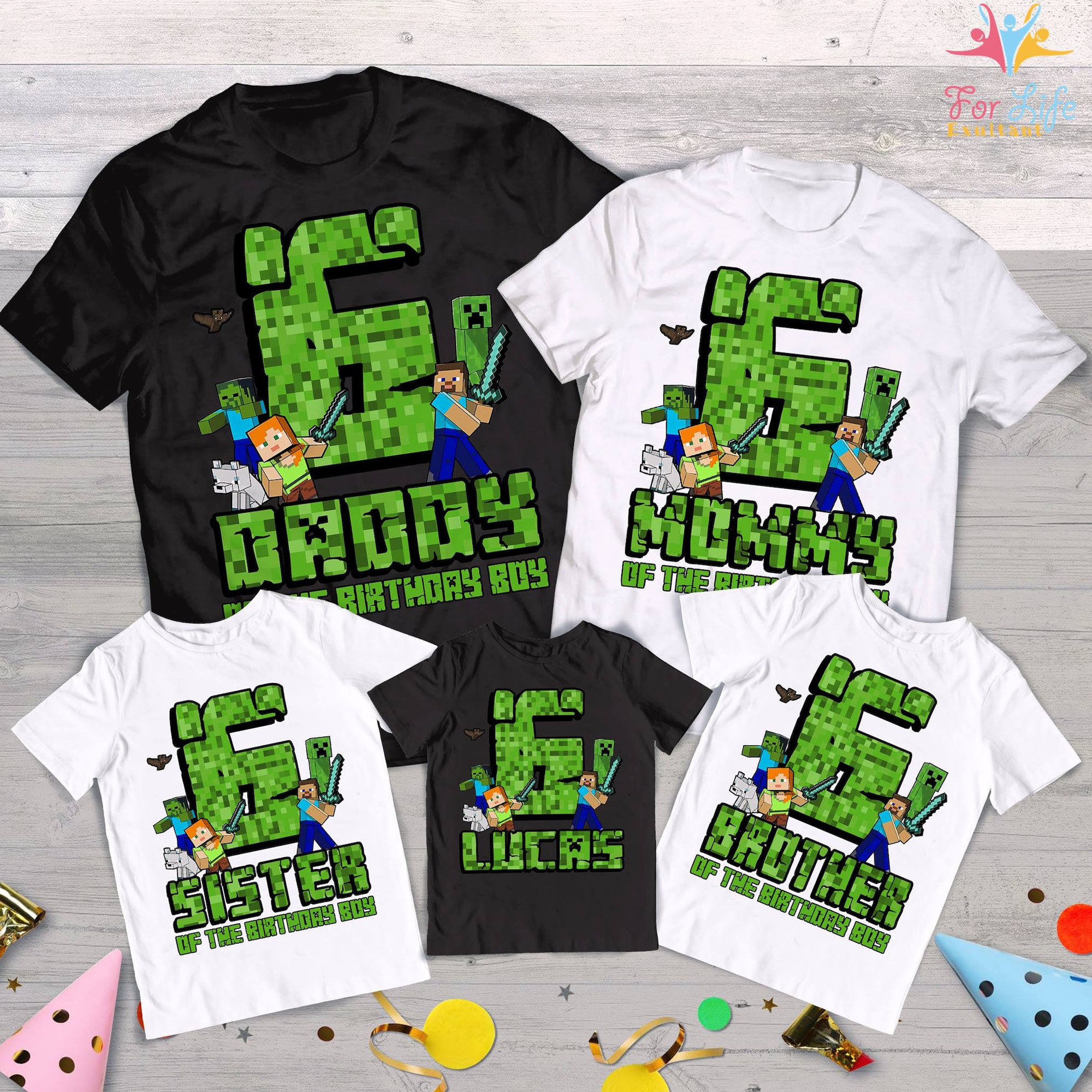 Minecraft Group Shot Birthday Theme Matching T-Shirt