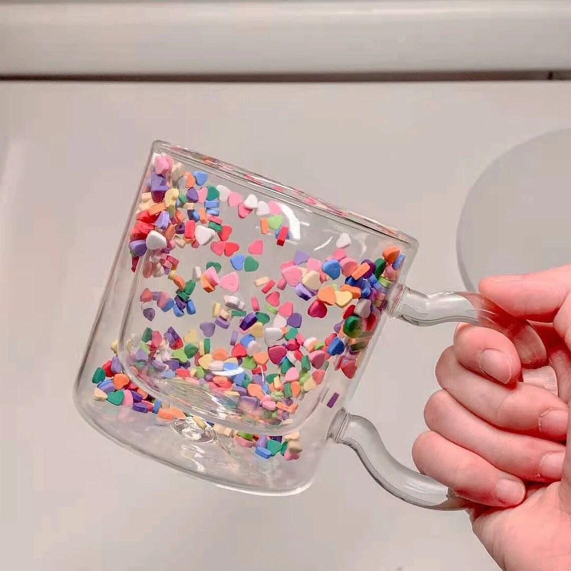 Cute Heart Mug Heart Confetti Clear Glass Mug Kidcore Etsy