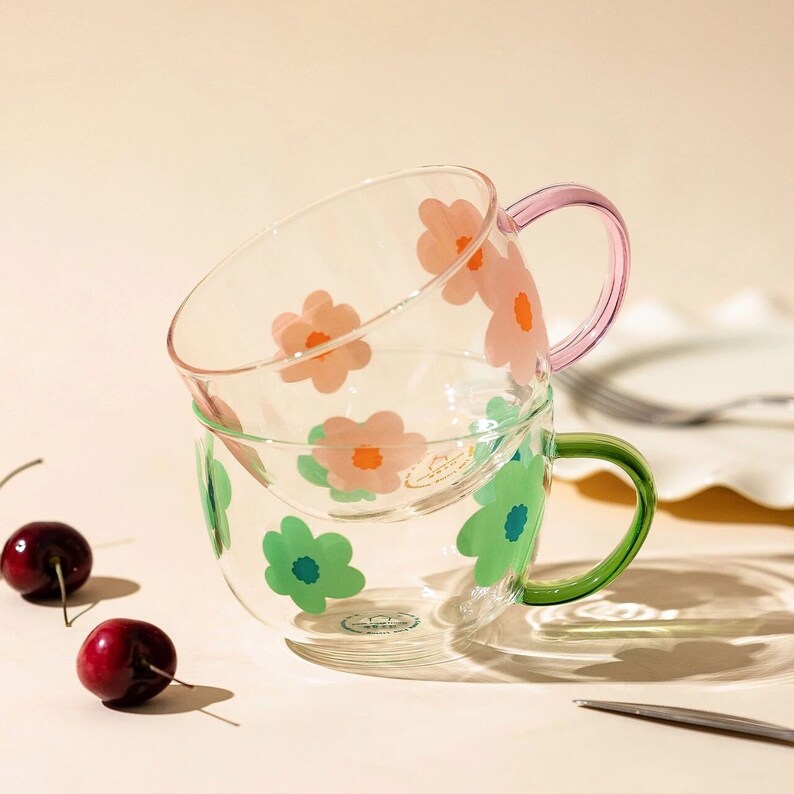Cute Flower Mug Flower Print Clear Glass Mug Flower Aesthetic Etsy
