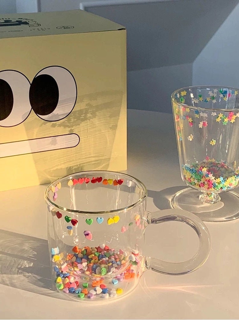 Cute Heart Mug Heart Confetti Clear Glass Mug Kidcore Etsy