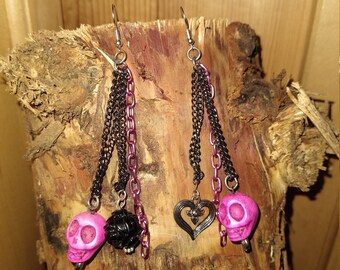 Skull and Rose and Heart Earrings