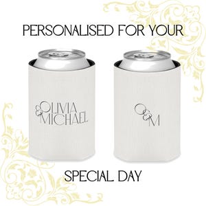 Wedding Koozies Beige Black Elegant Luxury Typographic Wedding Koozie Bulk Wedding Favors Personalized Koozies Personalized Koozie Custom