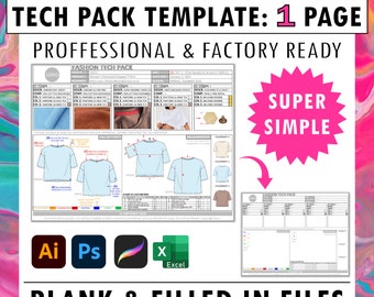 Fashion tech pack template in Excel, Adobe Illustrator, PDF + filled crop top t-shirt design apparel clothing vector garment digital files