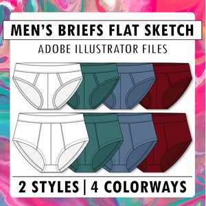 May include: Flat sketch illustrations of briefs in white, green, blue, and red. The text "Men's Briefs Flat Sketch" and "Adobe Illustrator Files" is at the top of the image. The text "2 Styles | 4 Colorways" is at the bottom of the image.